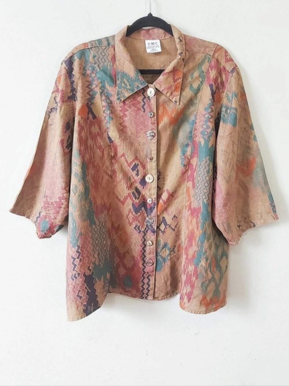 CMC Color Me Cotton Women Geometric Linen Button Down Shirt XXL Boho Lagenlook